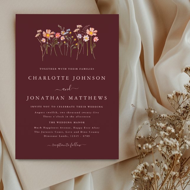 Vildblomma Boho Höst Burgunder Rosa Brudklänning Inbjudningar (Elegant watercolor wildflower meadow burgundy blush pink wedding invitation)