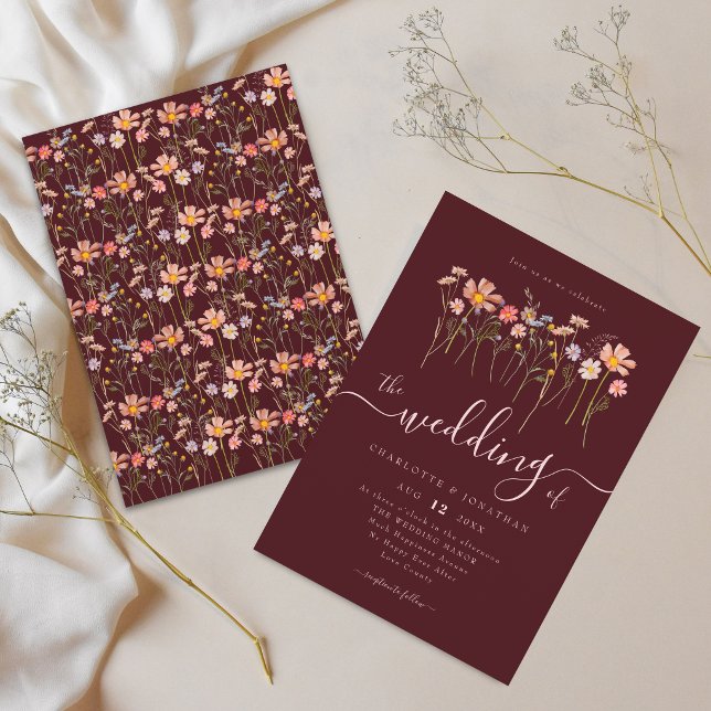 Vildblomma Boho Höst Burgunder & Rosafärgat Bröllo Inbjudningar (Elegant watercolor wildflower meadow burgundy blush pink wedding invitation)