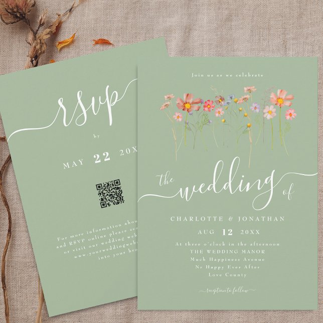 Vildblomma Boho Höst Salvia Grön QR-kod Bröllop Inbjudningar (Boho fall Wildflower floral sage green Wedding qr code invitation Whimsical elegant modern script)