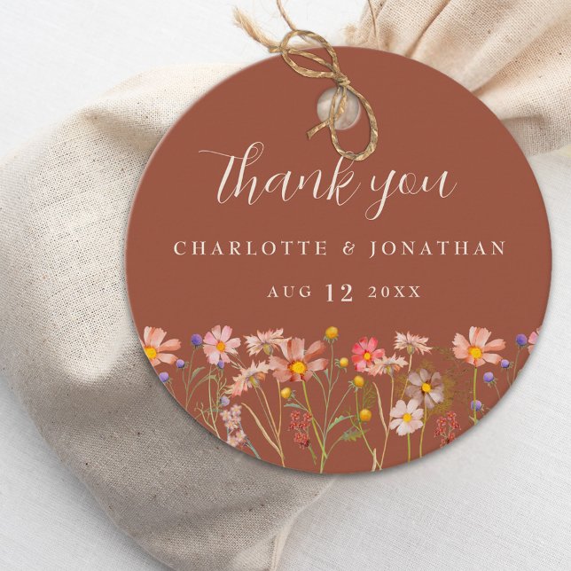 Vildblomma Boho Höst Terrakotta Tack Bröllop Gåvor Etiketter (Wildflower boho fall terracotta rust custom thank you wedding favor tag)