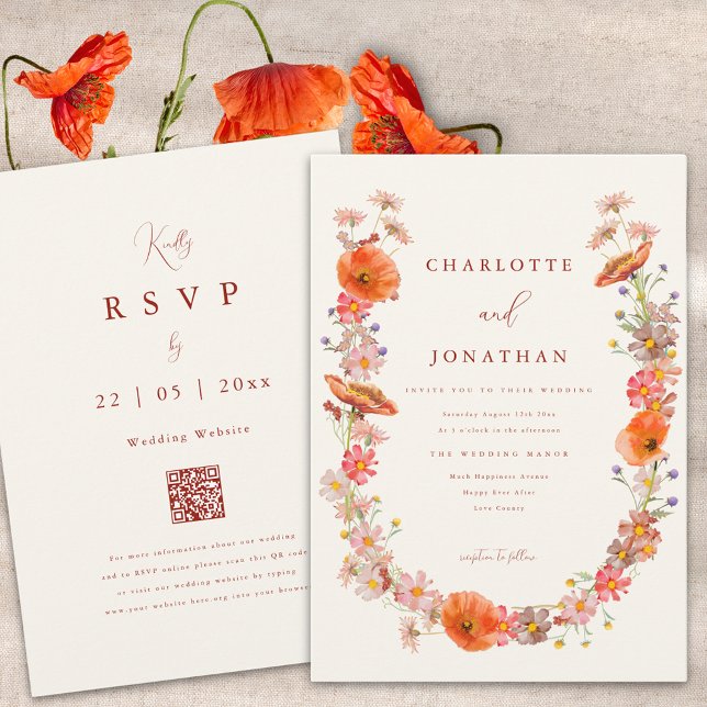 Vildblomma Boho Höstbröllop Inbjudningar (Boho wildflower fall wedding invitation burnt orange script and website qr code)