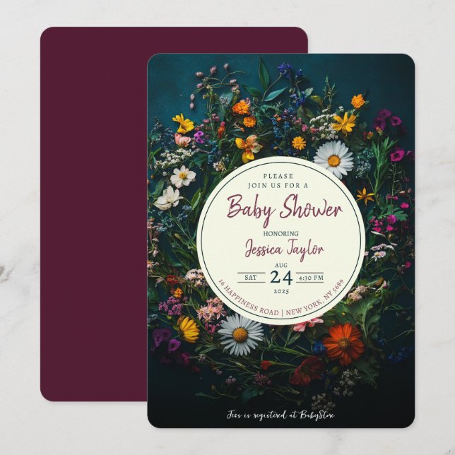 Vildblomma Boho Krans Cirkels Babyshower Inbjudningar (Fram/baksida)