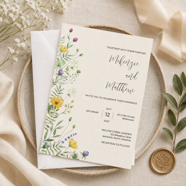 Vildblomma Boho Minimalistisk Modern Äng Bröllop Inbjudningar (Skapare uppladdad)