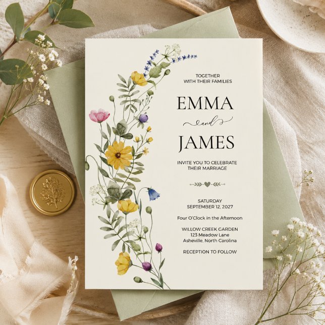 Vildblomma Boho Minimalistisk Modern Äng Bröllop Inbjudningar (Modern Wildflower, Meadow, Botanical Boho, Garden, Romantic, Floral, Watercolor, Nature wedding)