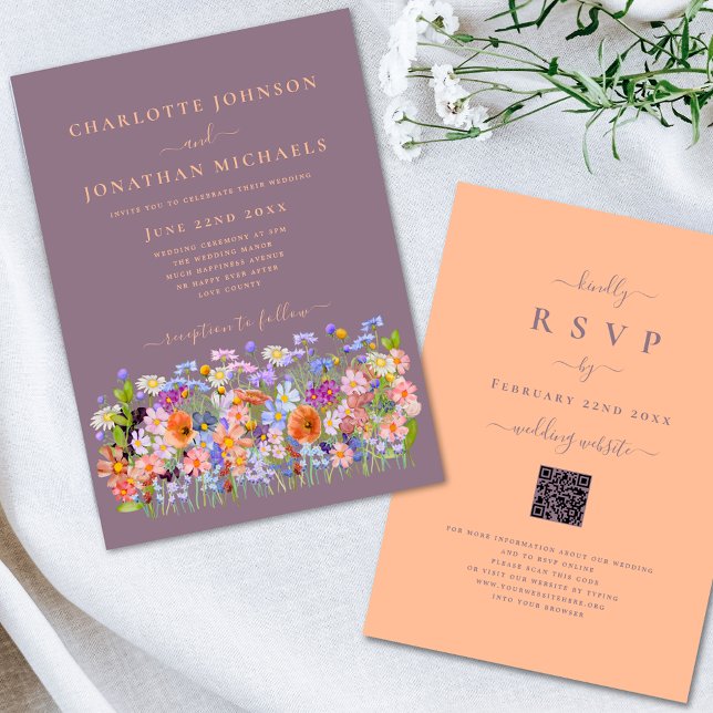 Vildblomma Boho Persika Inbjudningar (Boho chic wildflower watercolor floral wedding invitation peach fuzz typography calligraphy )