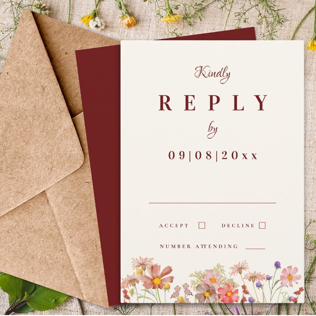 Vildblomma Boho Terrakotta Höst Bröllop Svar (Wildflower boho terracotta burgundy fall wedding invitation rsvp enclosure card with elegant script )