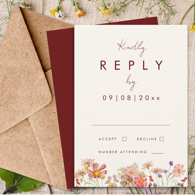 Vildblomma Boho Terrakotta Höst Bröllop Svar (Wildflower boho burgundy terracotta fall wedding reply enclosure card)