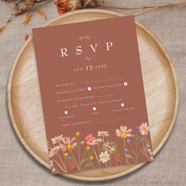 Vildblomma Boho Terrakotta Måltidsalternativ Bröll OSA Kort (Wildflower boho fall floral terracotta rust beige Wedding reception meal options RSVP enclosure card)