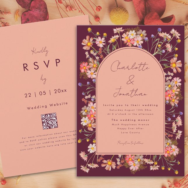 Vildblomma Boho valv Burgunder höstbröllop Inbjudningar (Wildflower arch boho burgundy peach terracotta fall wedding invitation with qr code)