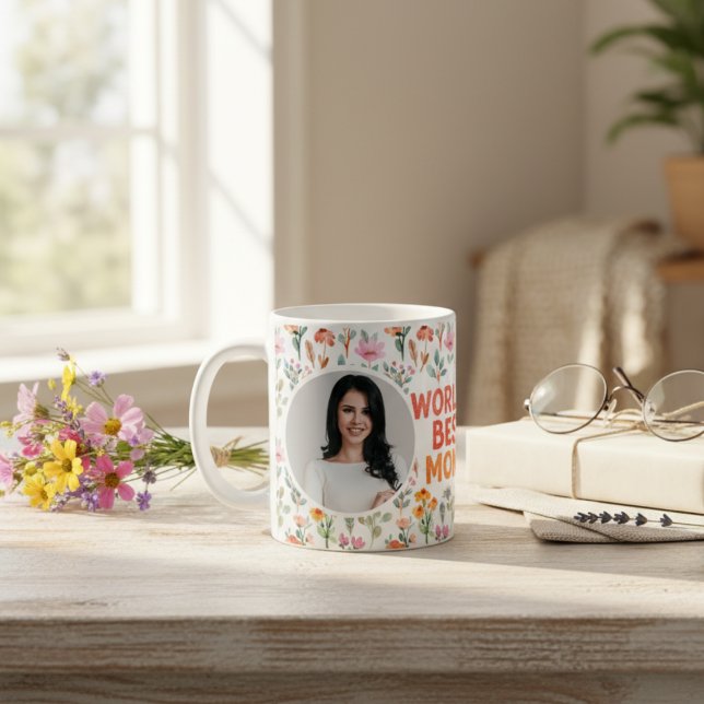 Vildblomma Boho Världens Bästa Mamma Foto Mors Dag Kaffemugg (Wildflower Boho World's Best Mom Photo Mother's Day Custom Mug)