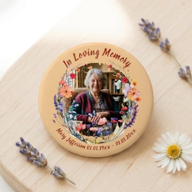 Vildblomma Botaniskt Minnes- Remembrance Foto Knapp (Colorful wildflower memorial photo pin for a grieving family to wear at a spring celebration of life)