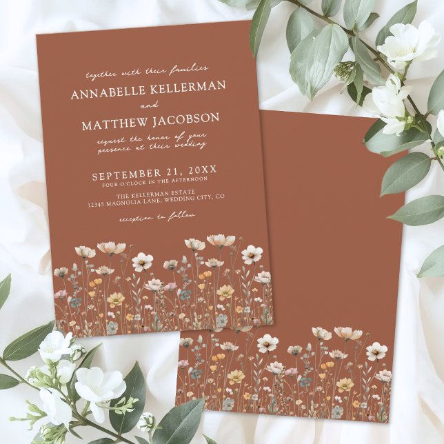 Vildblomma Bränd Orange Blommig Bröllop Inbjudningar (Wildflower Burnt Orange Floral Wedding Invitation)