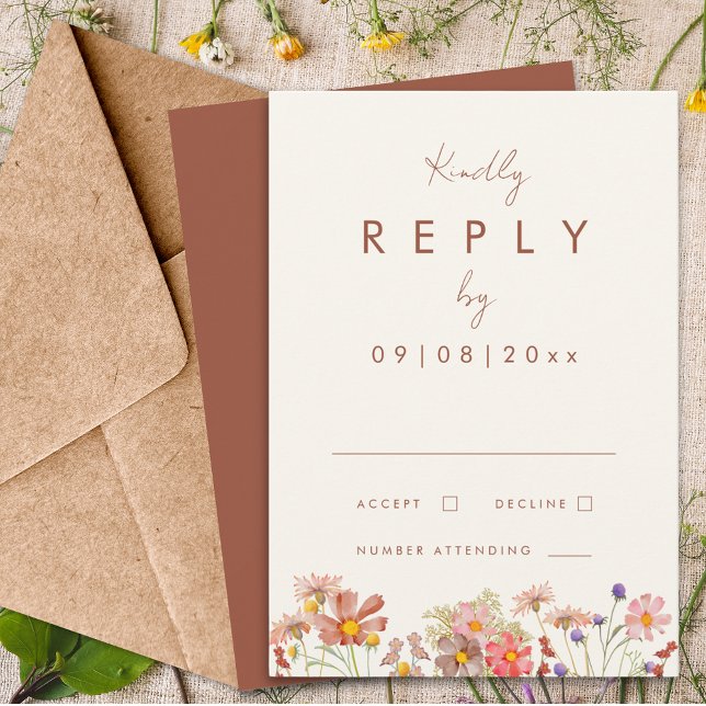 Vildblomma Bränd Orange Höst Bröllop Svar (Boho wildflower terracotta burnt orange fall wedding invitation reply enclosure card)