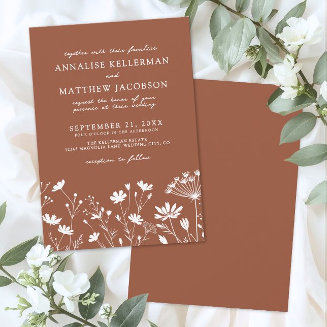 Vildblomma Brändorange Bröllop Inbjudningar (Wildflower Burnt Orange Wedding Invitation)
