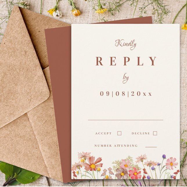 Vildblomma Brändorange Höstbröllop Svar (Wildflower burnt Orange terracotta fall wedding reply enclosure card)