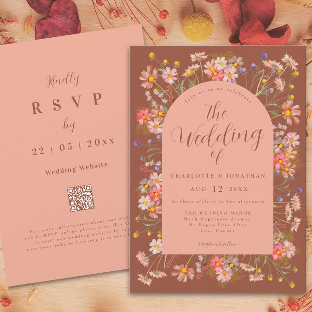 Vildblomma Brändorange Terrakotta Höstbröllop Inbjudningar (Wildflower arch terracotta burnt orange peach boho fall wedding invitation with elegant script )
