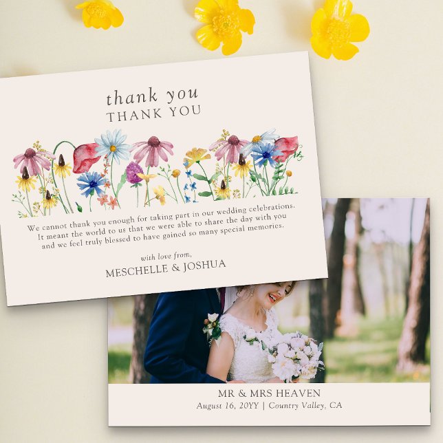 Vildblomma Bröllop Lantlig Blommig Foto Tack Kort (Wedding Photo thank you card from my Wildflower Charm weddding collection)