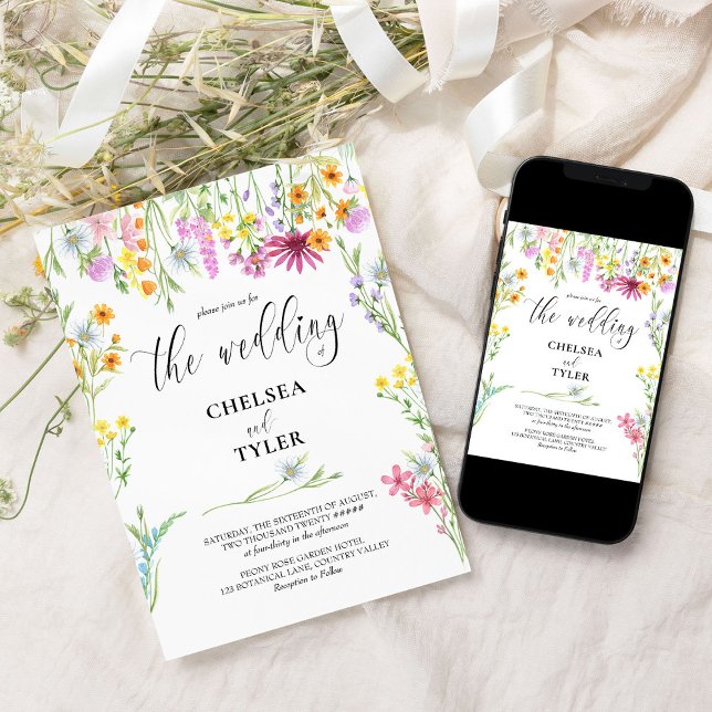 Vildblomma Bröllop Vacker Vild Blomma Blommig Inbjudningar (Floral wedding invitations with pretty wild flower design and elegant calligraphy)