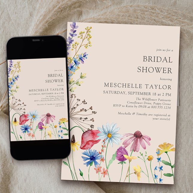 Vildblomma Bröllopsdusch Rustik Landlig Botanisk Inbjudningar (Bridal Shower Invitation from my Wildflower Charm collection available printed or printable download)