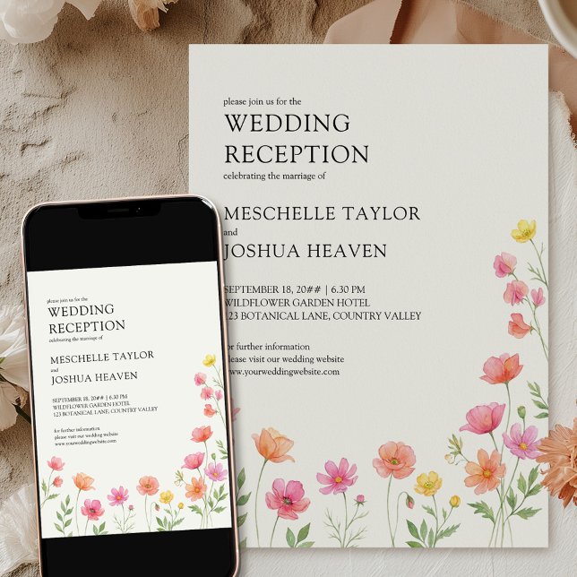 Vildblomma Bröllopsmottagning Rosa Orange Blommig Inbjudningar (Wedding Reception Invitation available professionally printed or as a printable digital download)