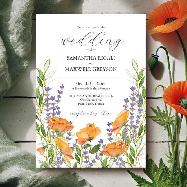Vildblomma Bröllopstema Akvarell Boho Blommor Inbjudningar (Wildflower wedding invitations watercolor floral art in shades of orange and green)