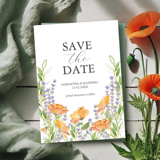 Vildblomma Bröllopstema Spara Datum-inbjudan Datumet (Wildflowers wedding theme floral watercolor art by Victoria Grigaliunas of Do Tell A Belle)