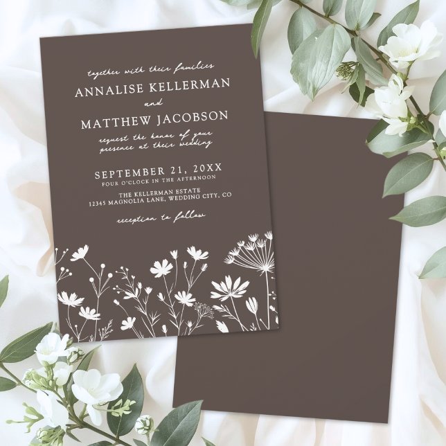 Vildblomma Brun Bröllop Inbjudningar (Wildflower Brown Wedding Invitation)
