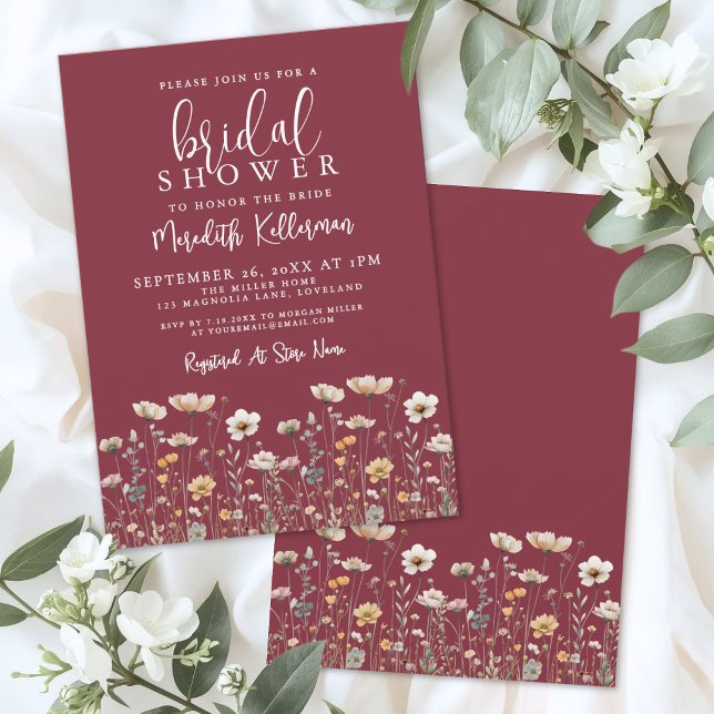 Vildblomma Burgunder Bröllopsdusch Inbjudningar (Wildflower Burgundy Bridal Shower Invitation)