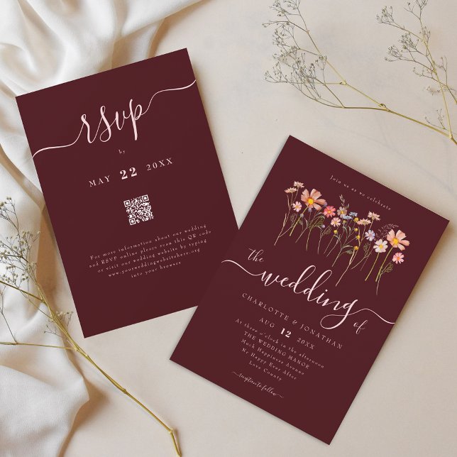 Vildblomma Burgunder Rosabröllop QR-kod Inbjudningar (Wildflower boho floral burgundy blush pink wedding qr code invitation Whimsical script and flowers)