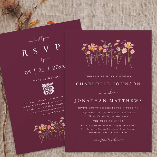 Vildblomma Burgundy & Terrakotta QR-kod Bröllop Inbjudningar (Simple Wildflower meadow burgundy terracotta qr code wedding invitation watercolor flowers elegant)