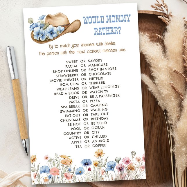Vildblomma Cowboy Mamma Eller Duschspel (Would mommy rather game from the Boho Elephant Baby Shower Collection by Darling & May)