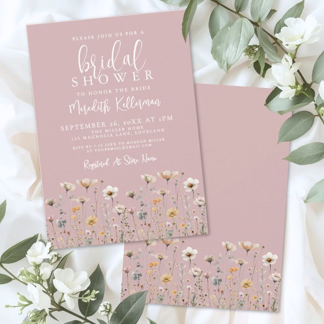 Vildblomma Dammtrosa Bröllopsdusch Inbjudningar (Wildflower Dusty Pink Bridal Shower Invitation)