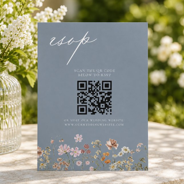 Vildblomma Dusty Blue QR-kod Bröllop RSVP Inbjudningar (Skapare uppladdad)