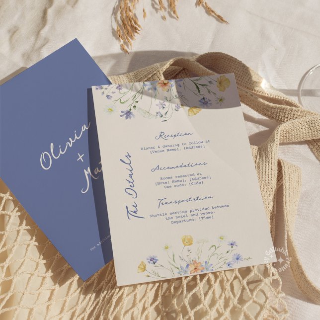 Vildblomma Elegant Handskriven Bröllopsdetaljer  Tilläggskort (wildflower details card, wedding details card, floral enclosure card, handwritten wedding card, eleg)