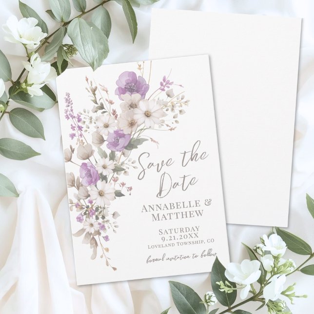 Vildblomma Elegant Lila Blommig Bröllop Spara Datumet (Wildflower Elegant Purple Floral Wedding Save the Date)