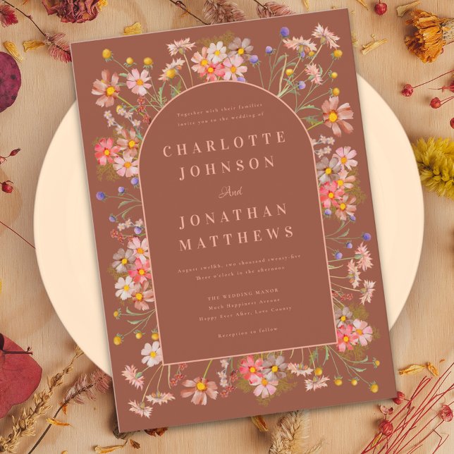 Vildblomma Elegant Valv Bränd Orange Höstbröllop Inbjudningar (Wildflower elegant arch burnt orange peach terracotta fall wedding invitation )