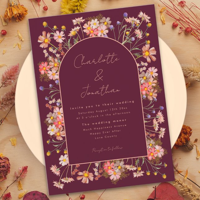 Vildblomma Elegant Valvbåge Burgunder Höstbröllop Inbjudningar (Boho chic wildflower arch burgundy terracotta fall wedding invitation )
