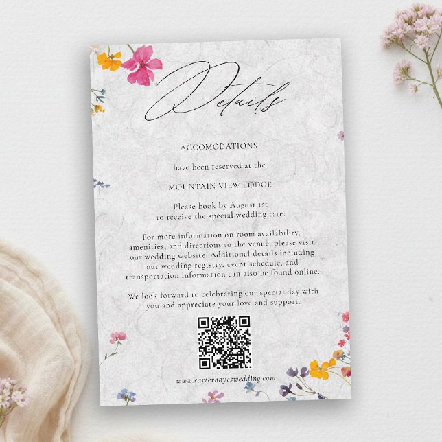 Vildblomma Elfenben Elegant QR-kod Bröllopsdetalje Tilläggskort (wildflower wedding details qr watercolor garden backyard barn summer spring elegant ivory)