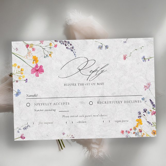 Vildblomma Elfenbensvattensmålning Elegant Bröllop OSA Kort (wildflower wedding rsvp meal choice watercolor garden backyard barn summer spring elegant ivory)