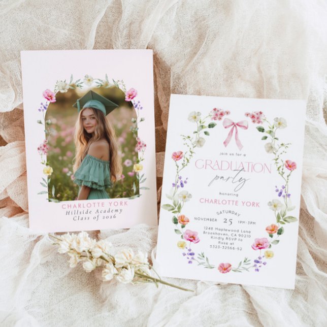 Vildblomma Examen födelsedagsfest Rosa slinga Inbjudningar (Skapare uppladdad)