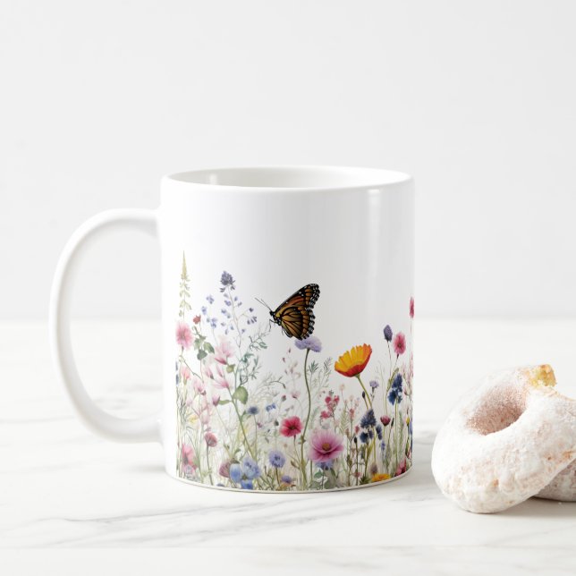 Vildblomma Fjäril Botanisk Trädgård Blommig Mönste Kaffemugg (Med munk)