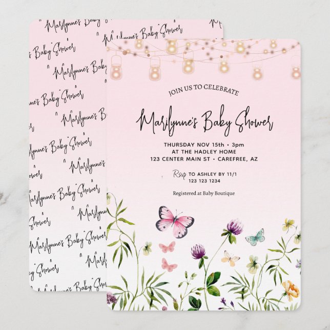 Vildblomma Fjäril Rosa Handskriven Baby Shower Inbjudningar (Fram/baksida)