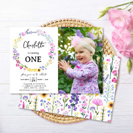 Vildblomma flicka 1-års födelsedags blomsterfoto inbjudningar