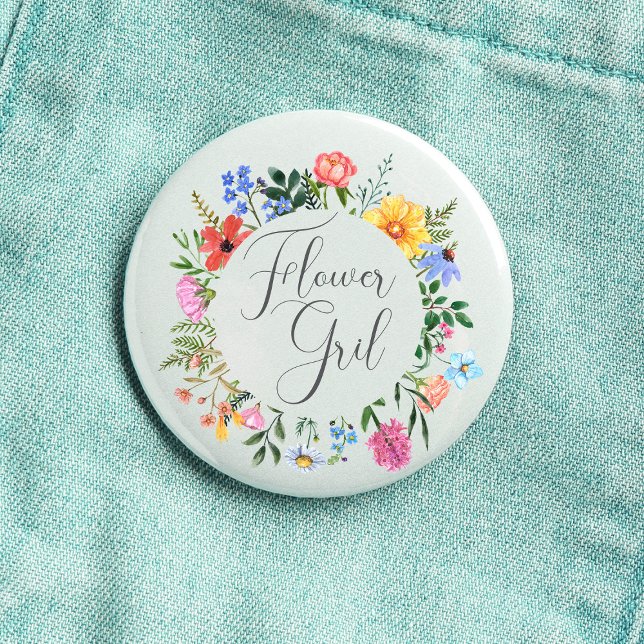 Vildblomma Flower Girl Script Bröllop  Knapp (Flower Girl Wildflower Watercolor Floral Wreath Wedding Button
)