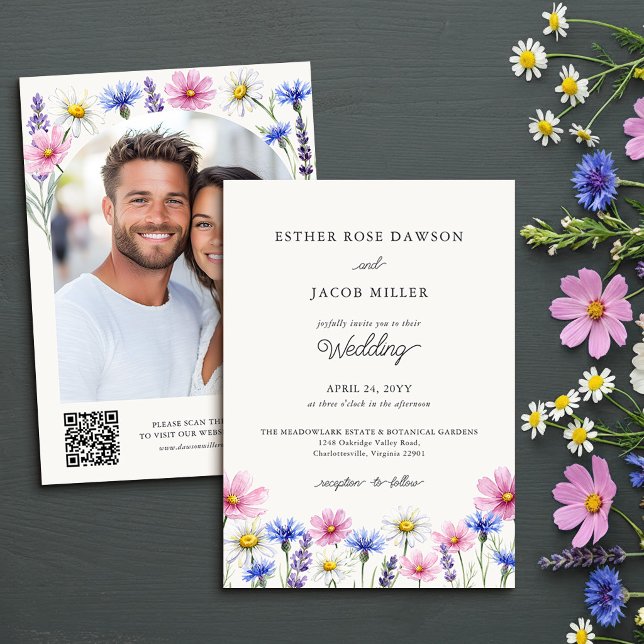 Vildblomma Foto QR-kod Bröllop Tryckt Inbjudningar (QR Code Photo Wedding Invite - Pressed Spring Meadow Wildflower Wedding Collection by Darling & May)