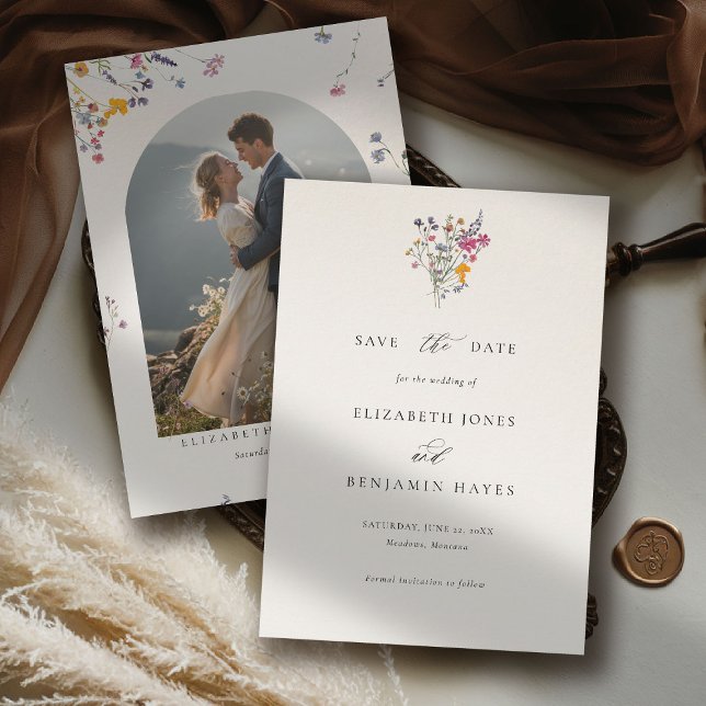 Vildblomma Grace Modern akvarell Foto Bröllop Spara Datumet (wildflower wedding theme save the date romantic colorful watercolor pastel floral timeless classic)