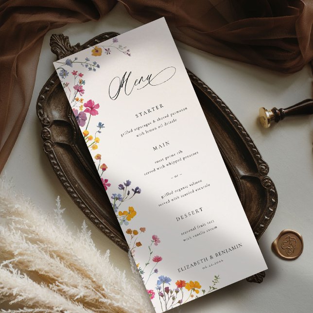 Vildblomma Grace Modern Blommig Elegant Bröllop Meny (wildflower wedding theme menu romantic colorful watercolor pastel floral timeless classic)