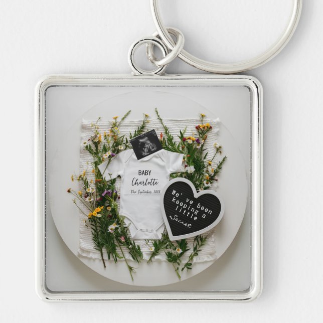 Vildblomma graviditetsannonsering Baby-avslöjande  Fyrkantig Silverfärgad Nyckelring (Framsidan)