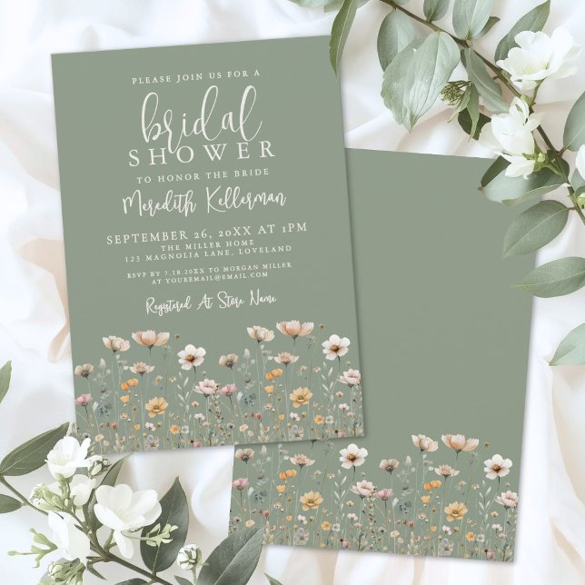 Vildblomma Grön Bröllopsdusch Inbjudningar (Wildflower Sage Green Bridal Shower Invitation)