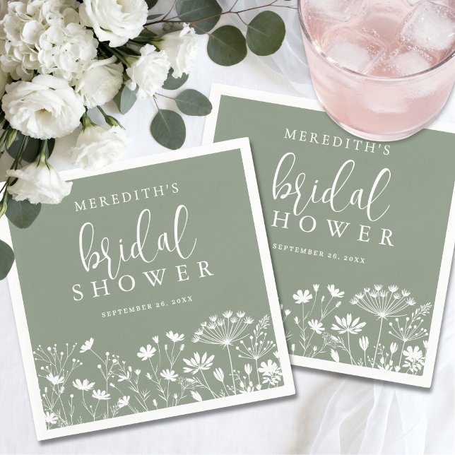 Vildblomma Grön Bröllopsdusch Pappersservett (Wildflower Sage Green Bridal Shower Napkins)
